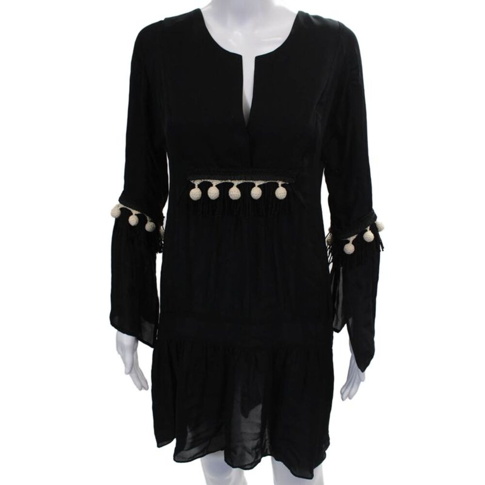 VMT Womens Shift Dress Black Silk V-Neck Long Sleeve Short Size XS